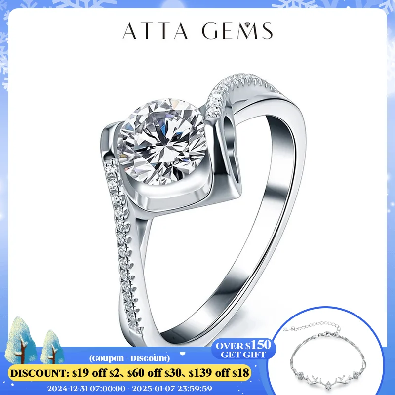 ATTAGEMS 925 Sterling Silver Moissanite Ring Round Cut 1.0CT VVS D Color Moissanite Passed Diamond Test Elegant Rings for Women