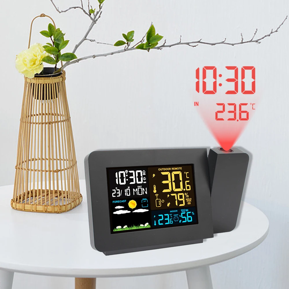 LED Table Clock Digital Alarm Temperature EU With Time Projection Weather Station Humidity Indoor Outdoor Snooze