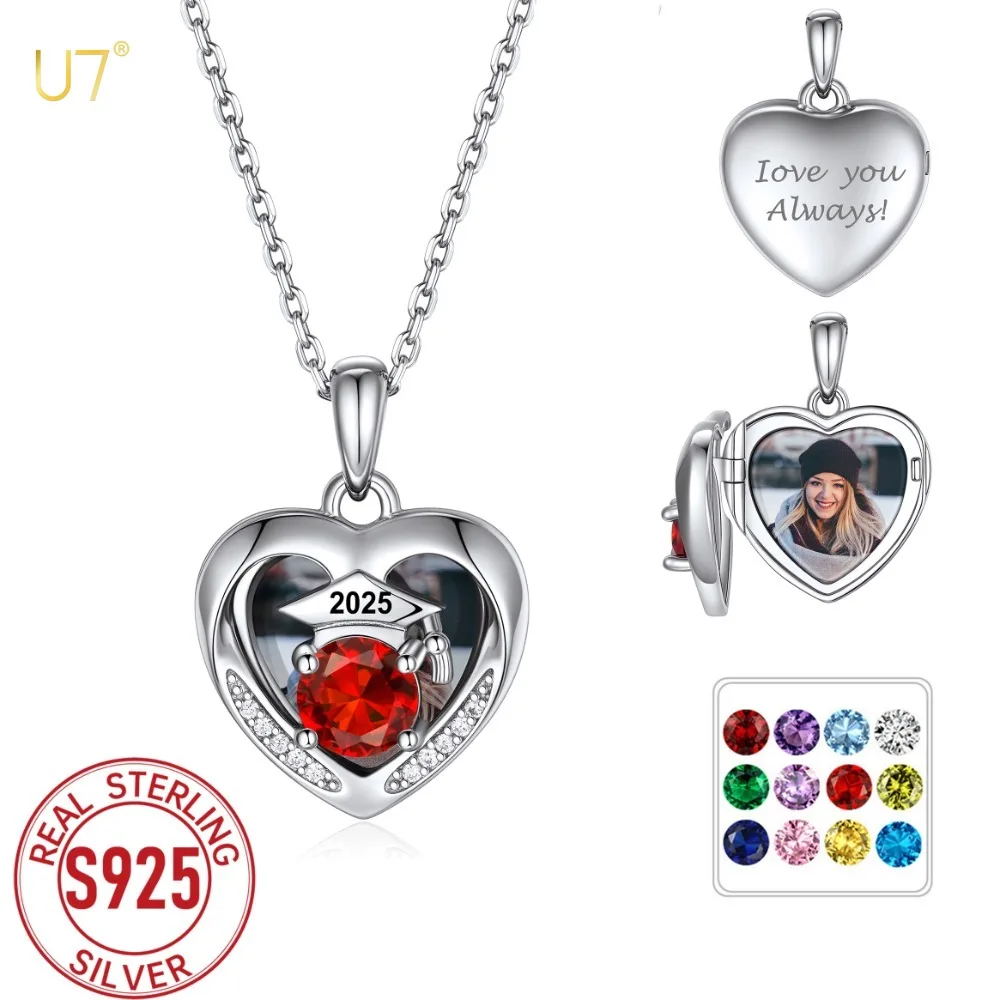

U7 на заказ, стерлинговое серебро 925 пробы, сердце, фото медальон, ожерелье для женщин, кепка с камнем, выпускной, 2025 г., класс BFF, семейные ювелирные изделия, подарок