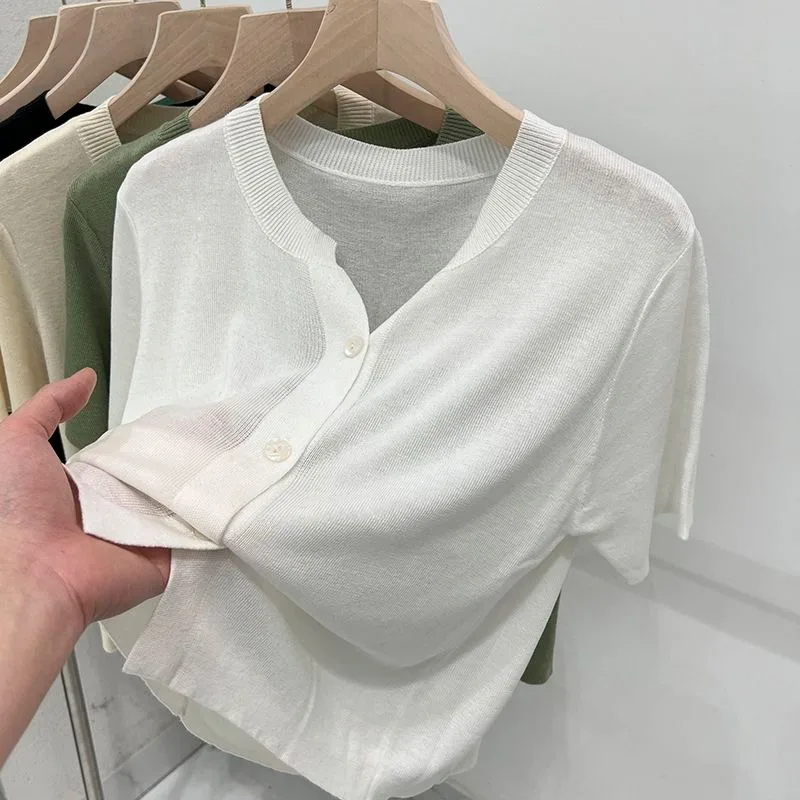 

Women's Ice Silk Knit Cardigan Summer V-neck Short Sleeve Thin Casual Basic Top