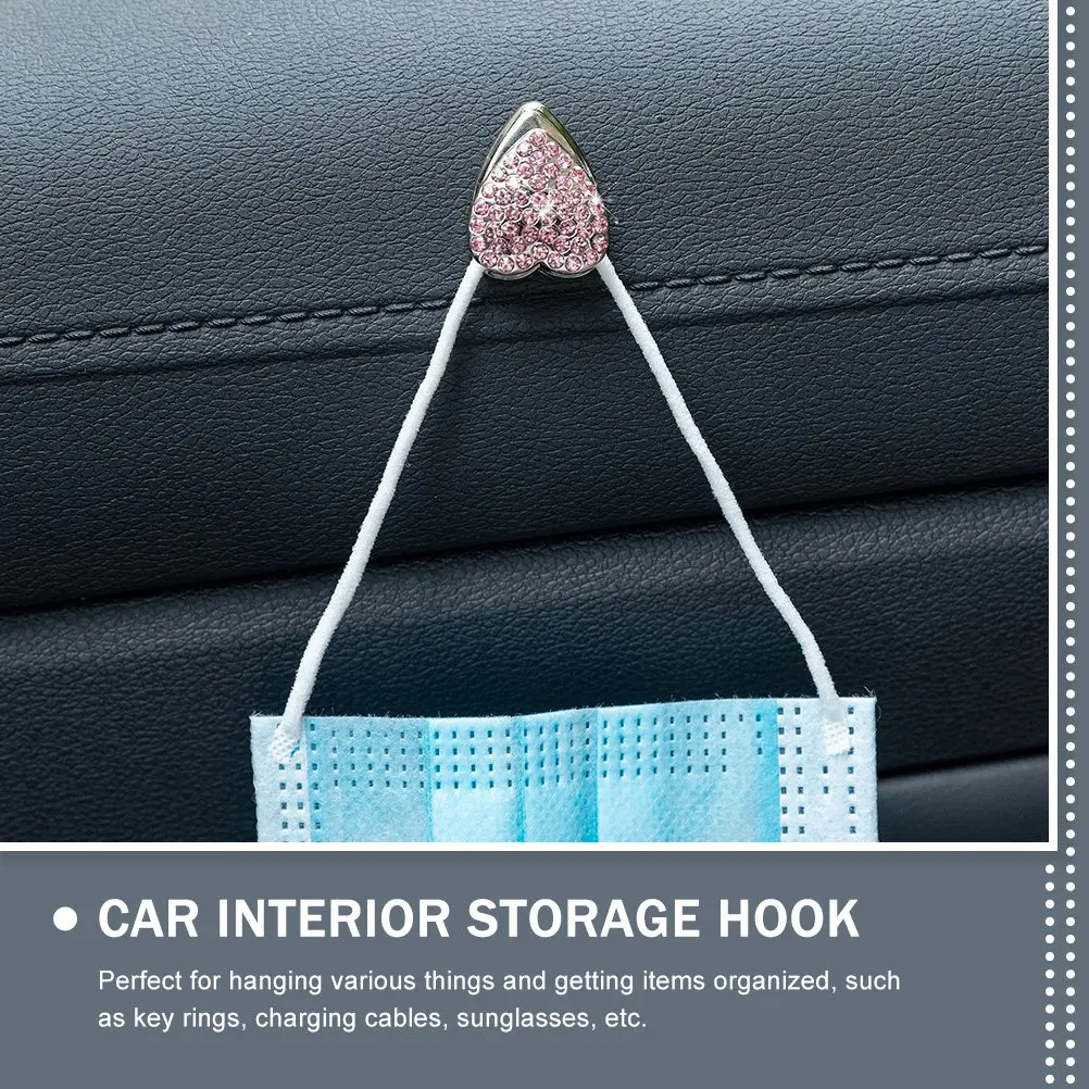 6pcs Car Adhesive Hook Bling Rhinestone Heart Hanger For Key Ring Cable Sunglasses Storage Dashboard Mount Self Adhesive Car - view 3