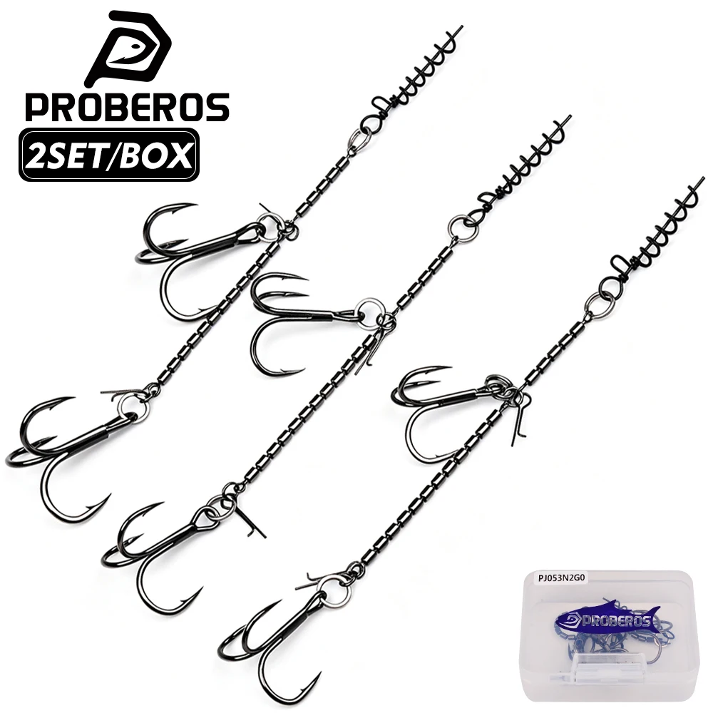 PROBEROS 2Set/Box Fishing Stinger Rig Pre-tied Treble Hook Rig Corkscrew Screw Pin Soft Lure Swimbait Pike Bass Fishing Tackle