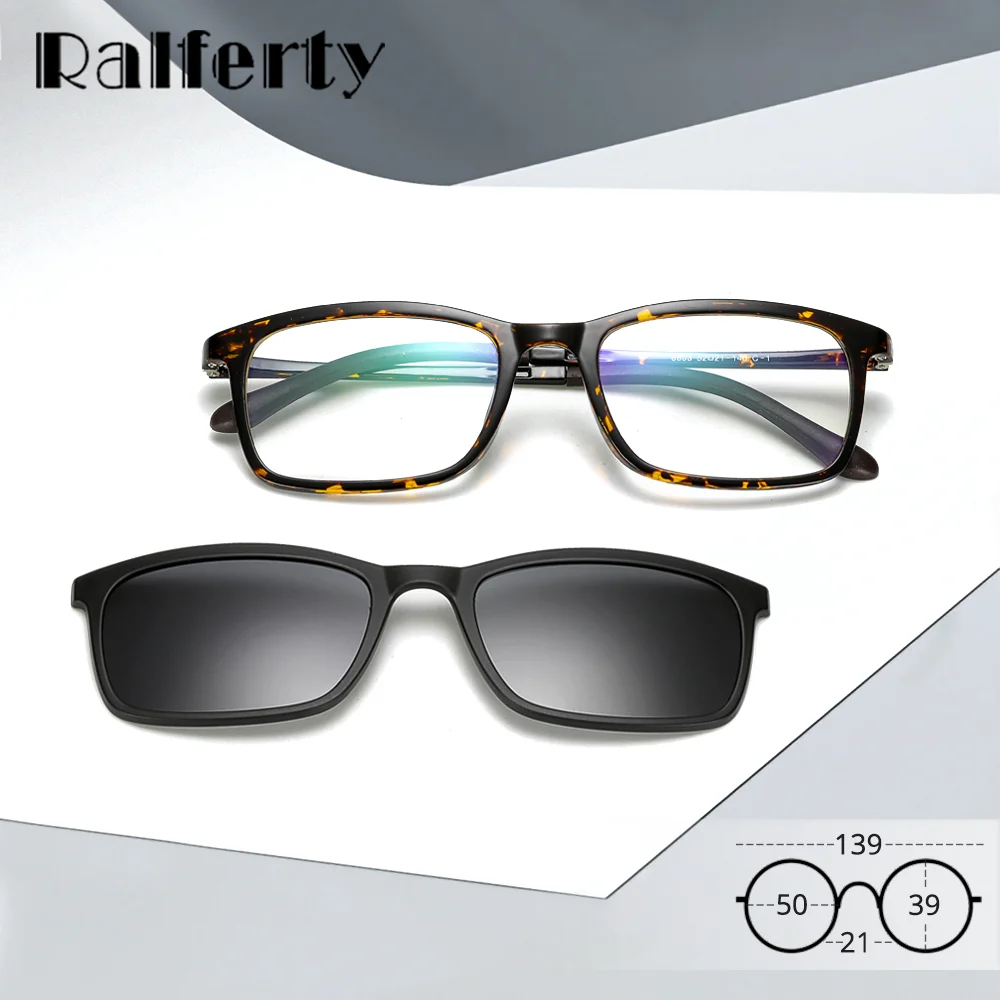 Ralferty Polarized Sunglasses Men Women 2 In 1 Magnetic Clip On Glasses TR90 Eyeglass Frames Vintage Leopard Square Magnet Clips