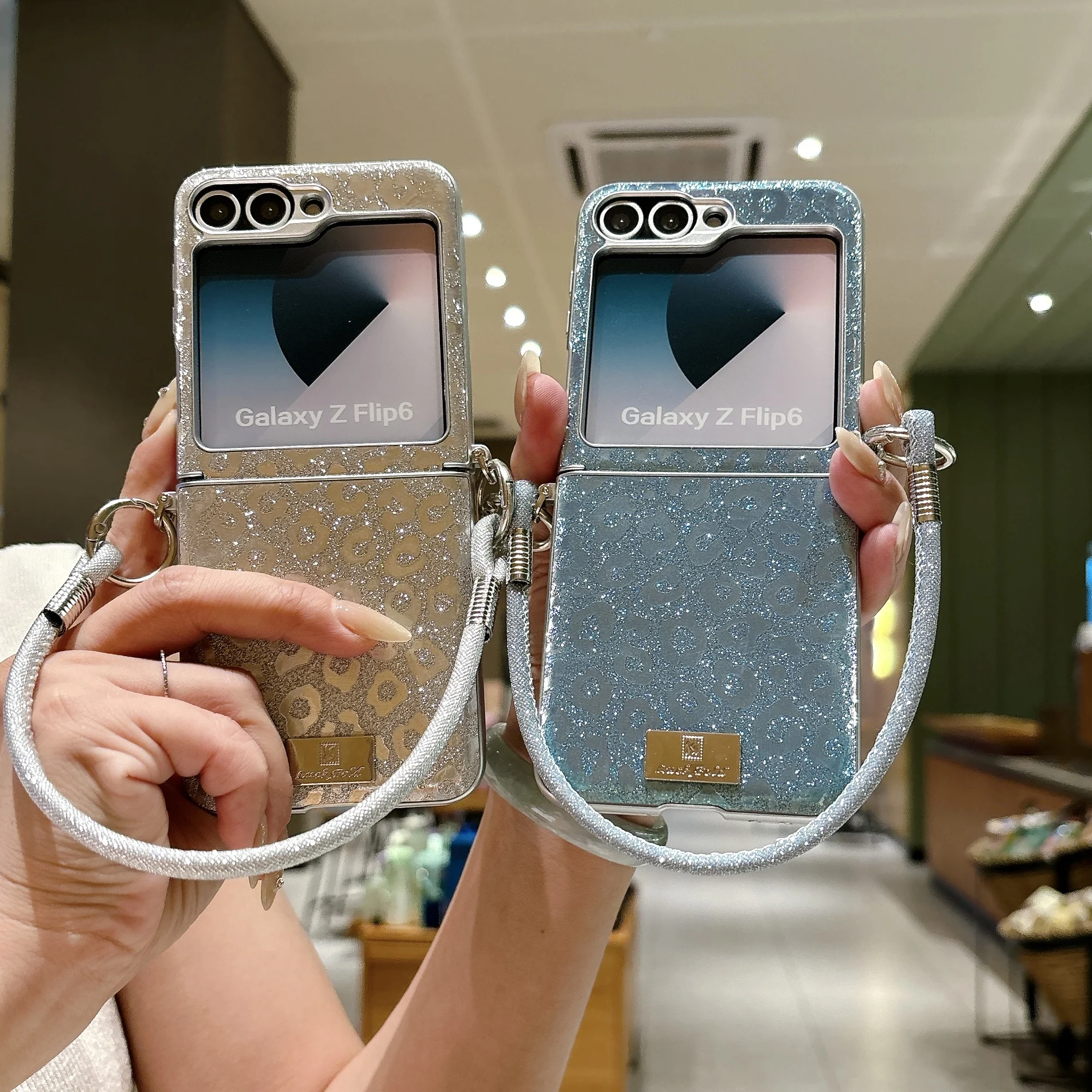 Fashion Glitter Leopard Print Leather Case for Samsung Z Flip 7 FE 6 5 4 3 Comfortable Grip Shockproof With Wrist Strap Cover view 3
