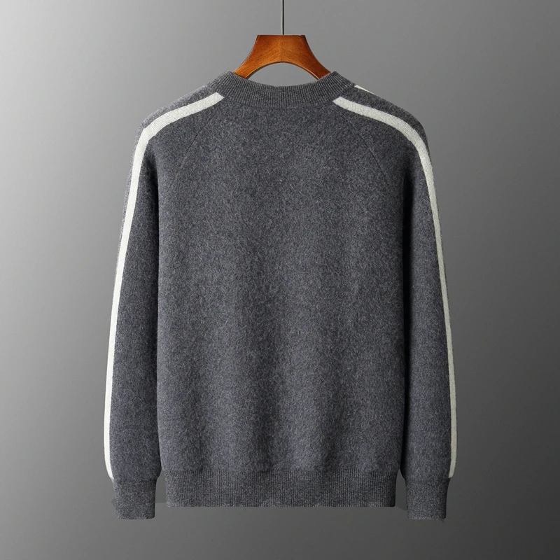 Winter Cashmere Sweater Men's Round Neck Knitted Jacket Contrast Striped Zipper Cardigan Youth Wool Thick Sweater