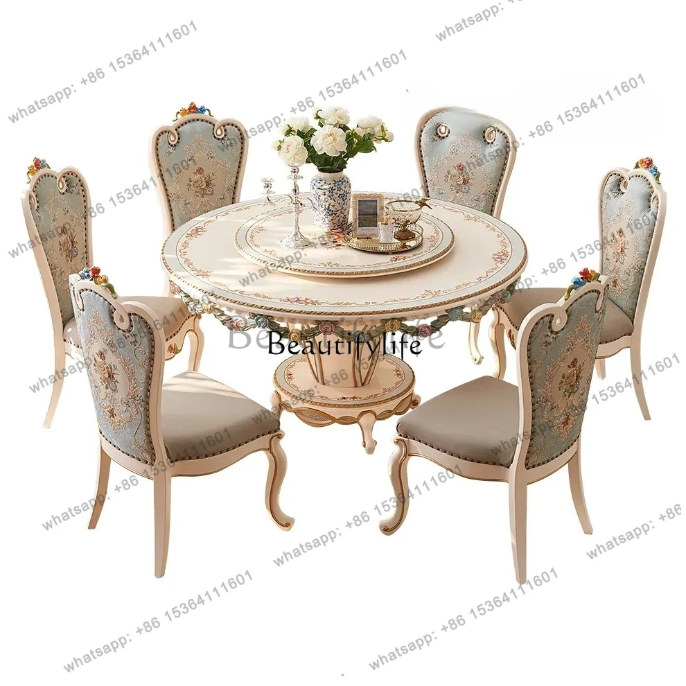 

Palace European French villa all solid wood 1.5M with turntable hand-painted flower round dining table and chairs