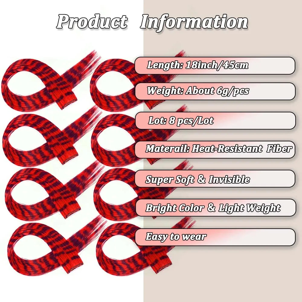 وصلات شعر ريشة ملونة 8 قطع 18 بوصة مشبك شعر مطبوع عليه شريط حيوانات على شكل قوس قزح شعر صناعي للحفلات التنكرية والمهرجانات