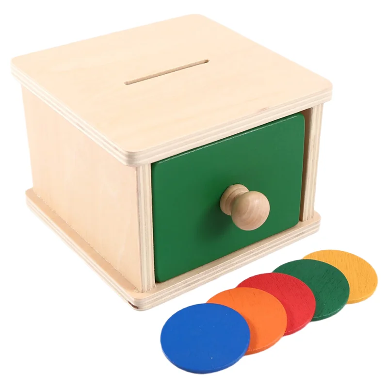 A04F-ไม้ช่วยสอนMontessoriเหรียญกล่องไม้ที่มีสีสันโยนเหรียญกล่องลิ้นชักทักษะTrainin Early Education