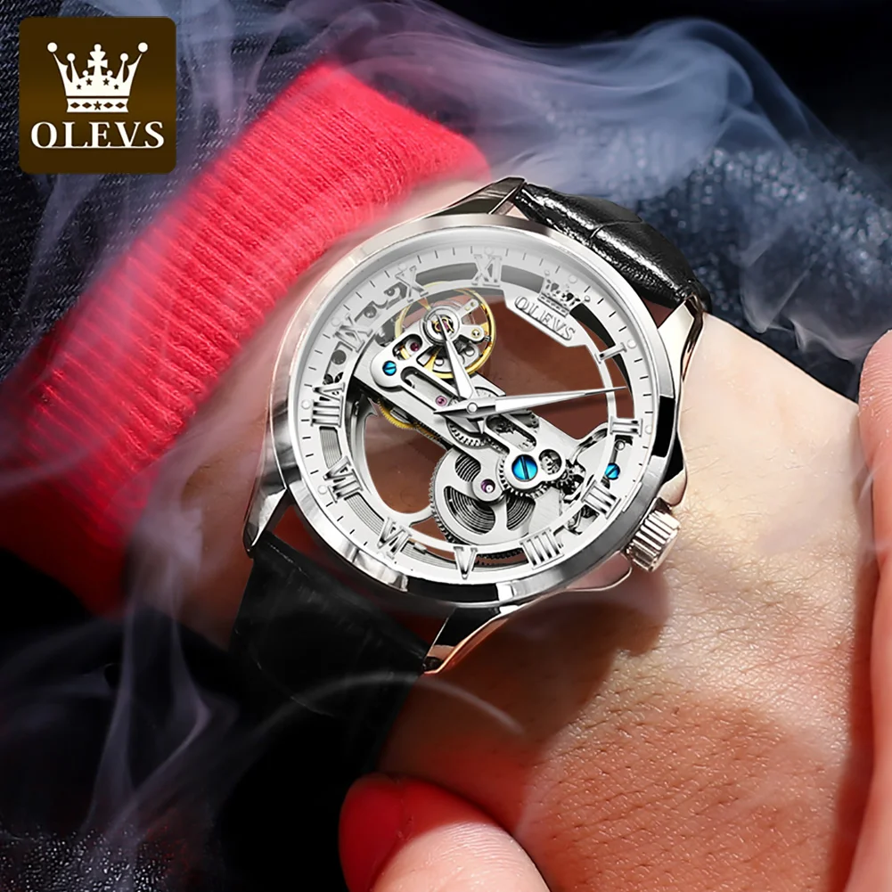 Olevs Skeleton Watch Mechanical Watch For Men Automatic Business Wristwatches Waterproof Leather Brand Classic Watch 6661