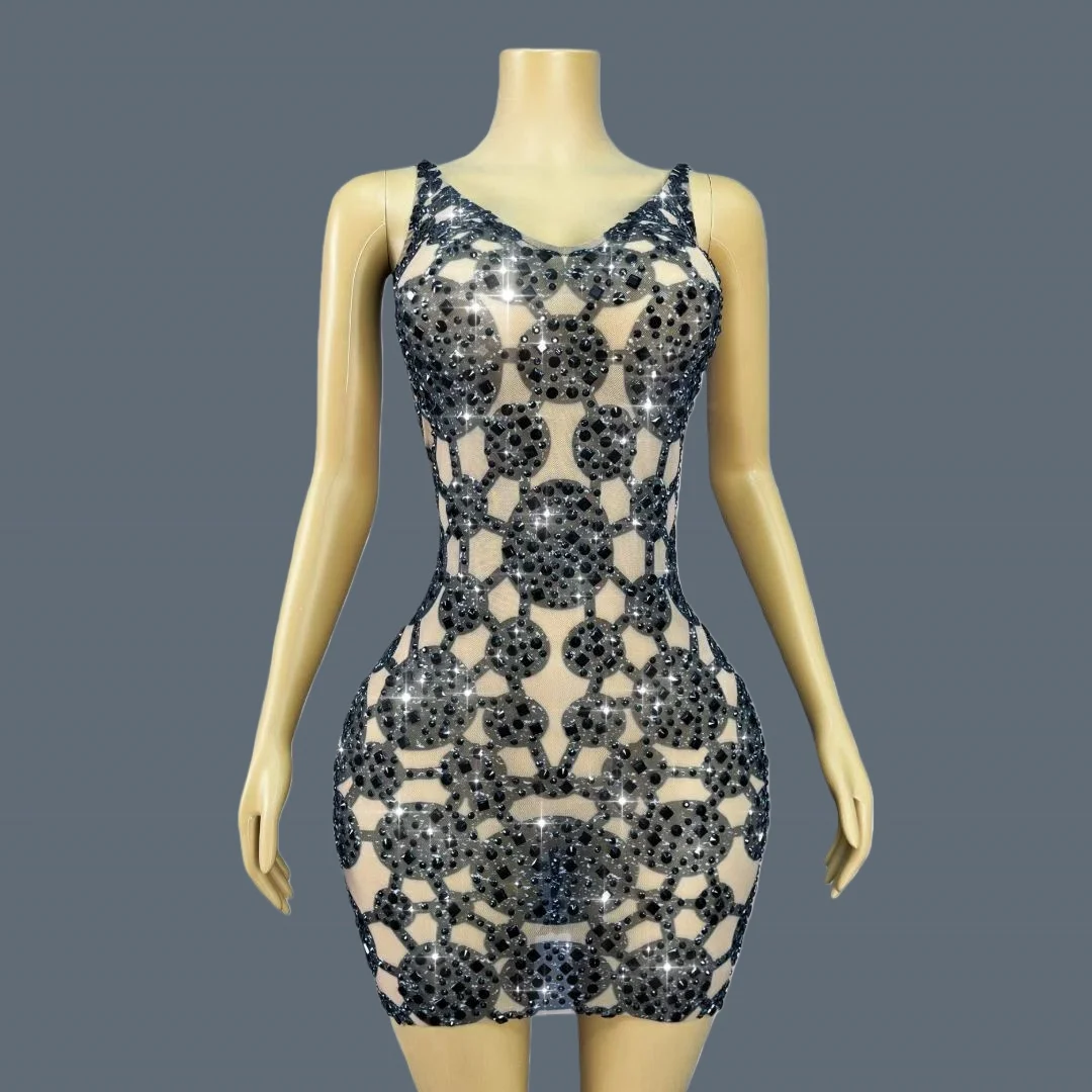 

Club Prom Cocktail Dress Black Sparkly Rhinestone Mini Dress Birthday Party Photo Shoot Wear See Through Mesh Dress Heiyuanquan