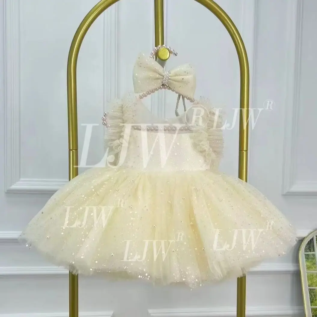 Cream Sparkly Tulle Baby Girl Dress Pearl Neck Ruffle Sleeveless Tutu Gown Big Bow Back Kids Birthday Wedding Pageant Costume Wi