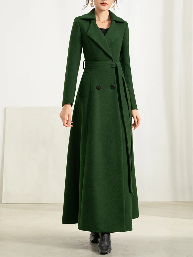 Pop Women Woolen Overcoat Spring Nice Elegant Fashion Green Suit Collar Solid Color All-match Thick Slim Long Wool Blends Coat