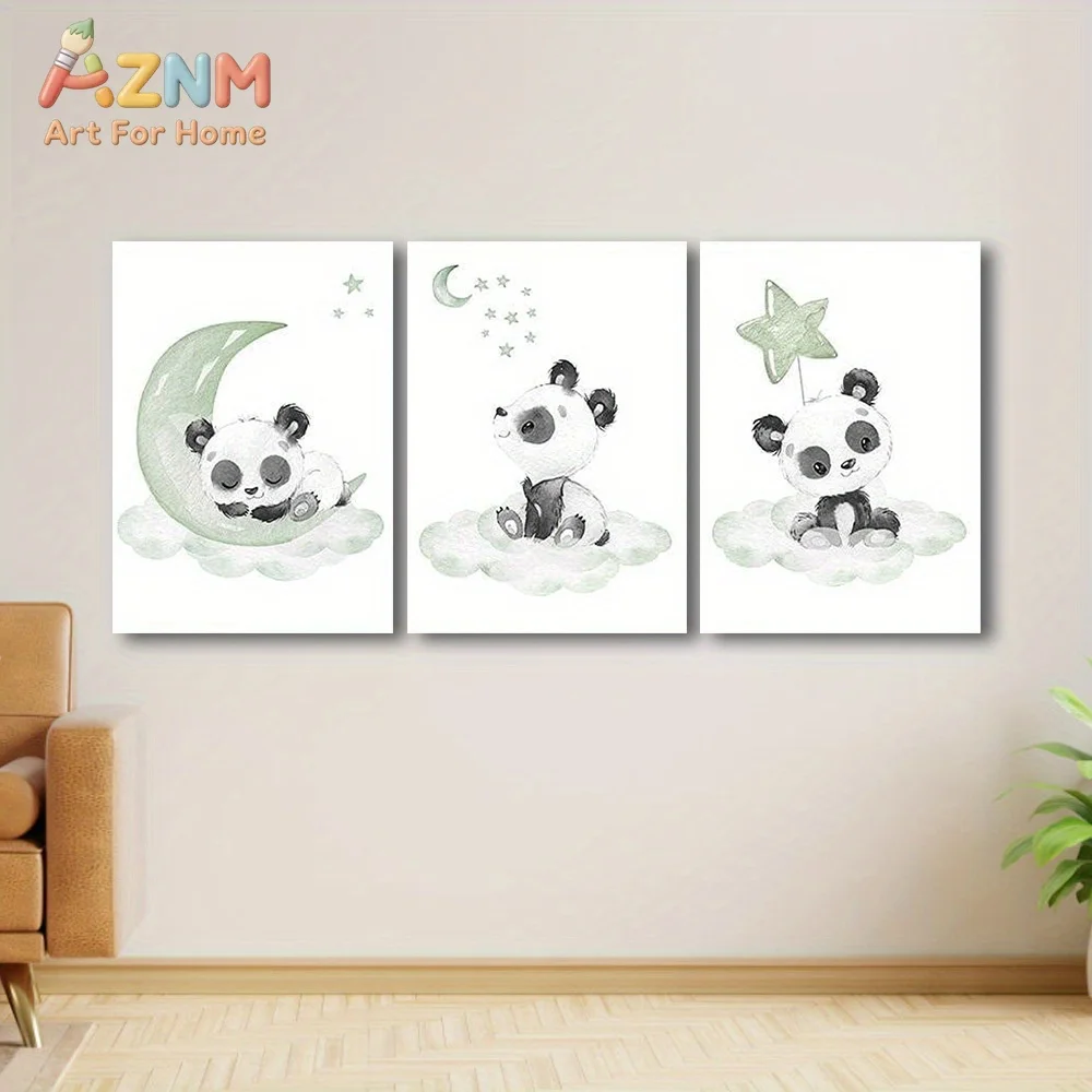 AZNM Cute Panda Canvas Wall Art Moon Star Cloud Watercolor Frameless Canvas Painting Nursery Kids Room Home Decor Poster
