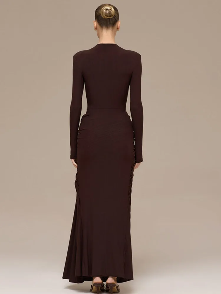 XIAOTANG Lange Mouw Ruches Sexy Maxi Jurk Vrouwen Jurk Elegante O Hals Hoge Taille Metalen Gesp Bodycon Club Party Lange Jurken