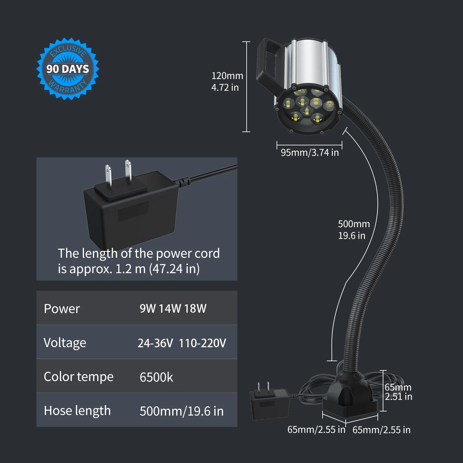 Luzes led trabalho luz base magnética 9w 18 à prova dwaterproof água e oilproof torno iluminação para lâmpada led para máquina de costura oficina lâmpada