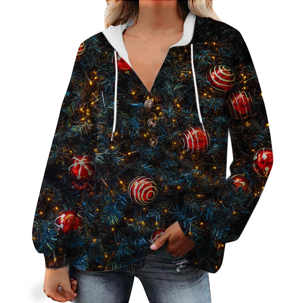 CLOOCL Women Hoodie Printed Long Sleeve Button Drawstring Street Fashions Christmas Tree with Coloured Light Hooded Tops