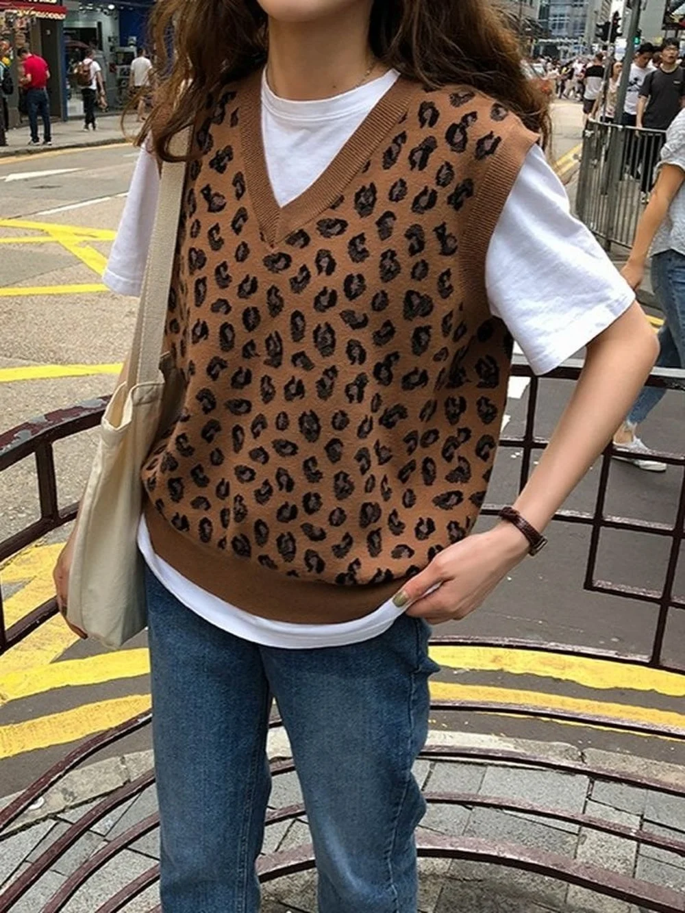 Mulheres colete leopardo colete de malha feminino vintage oversize primavera outono lã camisola coletes poullovers sem mangas feminino inverno