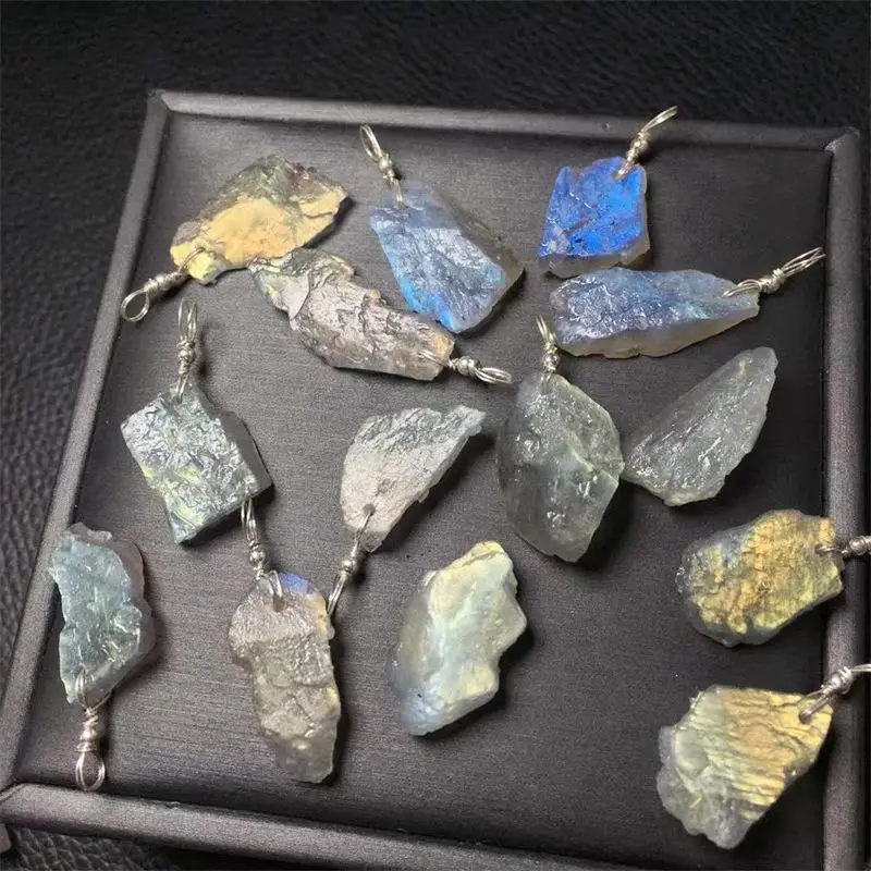 S925 Natural Raw Labradorite Pendant Jewelry Water Drop Beads Flash Labradorite Pendant Necklace Women 5PCS