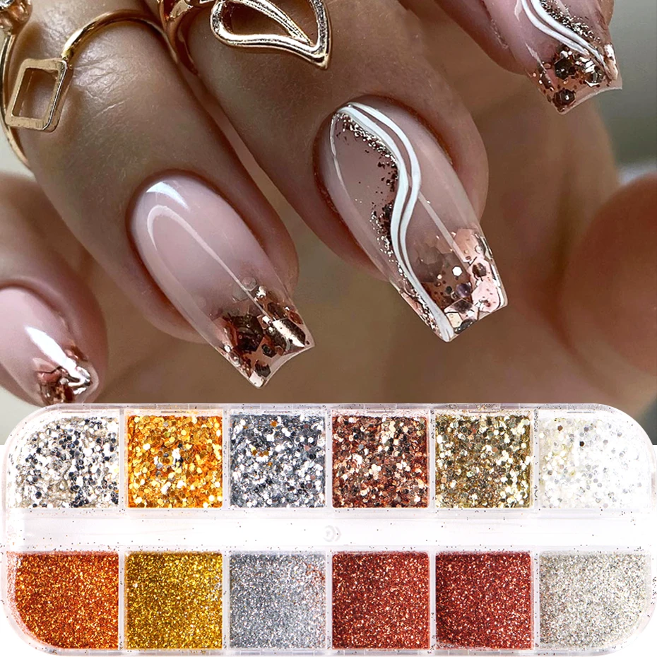 12 grades cromo dourado prateado prego glitter em pó brilhante espelho rosa lantejoulas pigmento areia poeira para decorações da arte do prego manicure