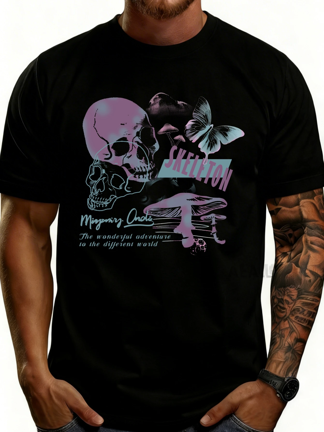 Gothic Art Men's T-Shirt with Skull and Butterfly Design, Suitable for Casual Wear, Ideal Gift Choice for Autumn and Winter