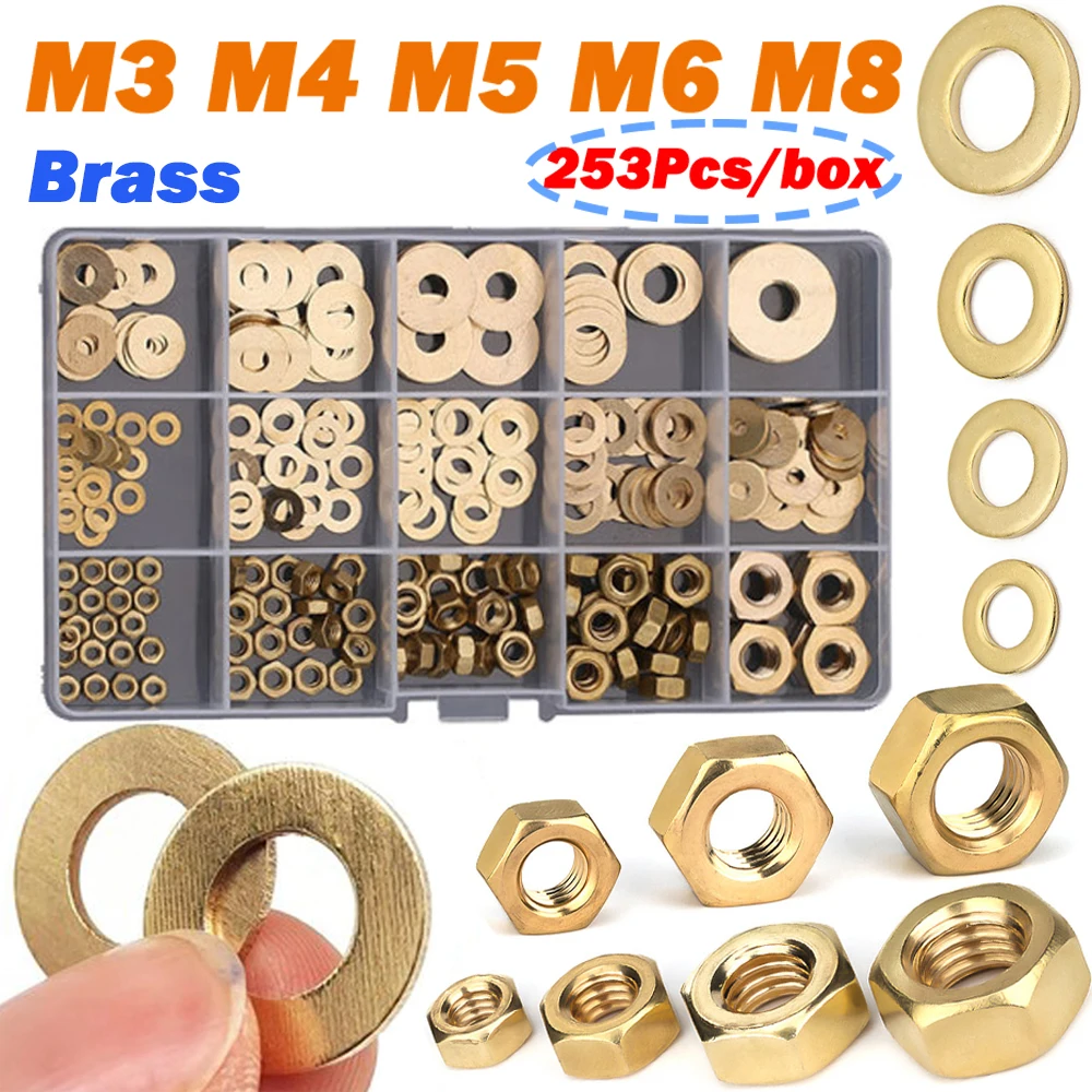 253Pcs/box Brass Hexagon Nut Flat Washer Assortment Kit M3 M4 M5 M6M8 Metric Copper Plain Gasket Fastener for Screw Bolt Set Box