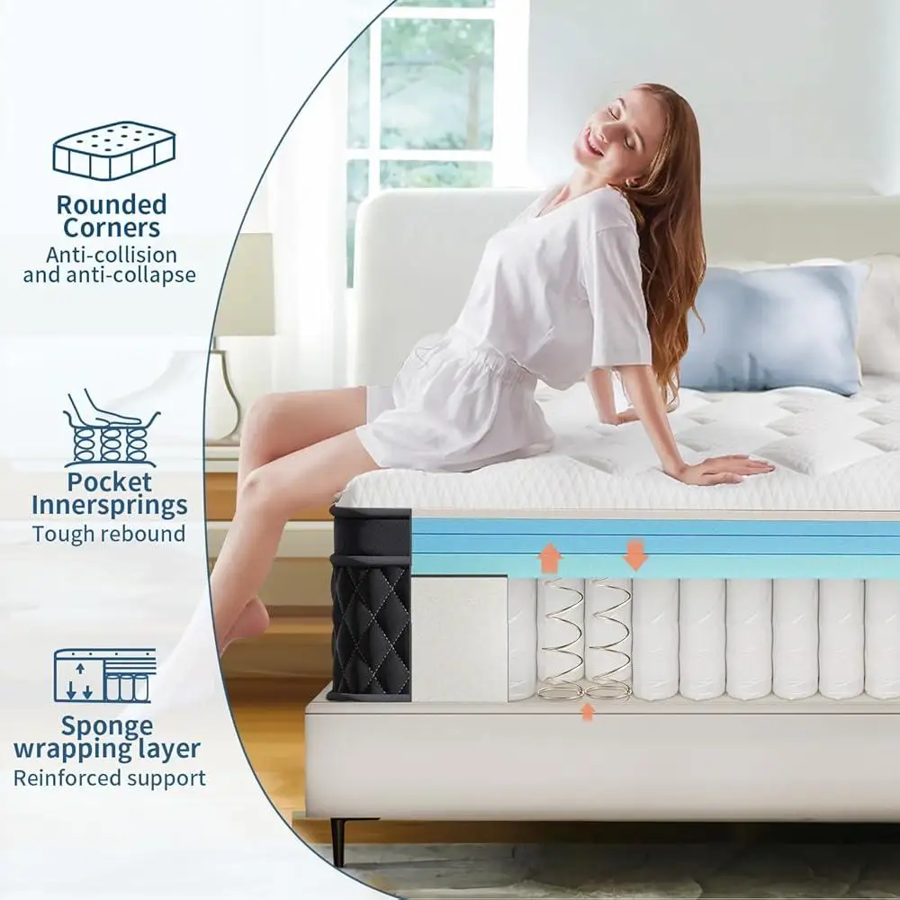 Queen 12 Inch Hybrid Mattress Memory Foam Pocket Springs Pressure Relief Motion Isolation Medium Firm Support Mattress in a Box
