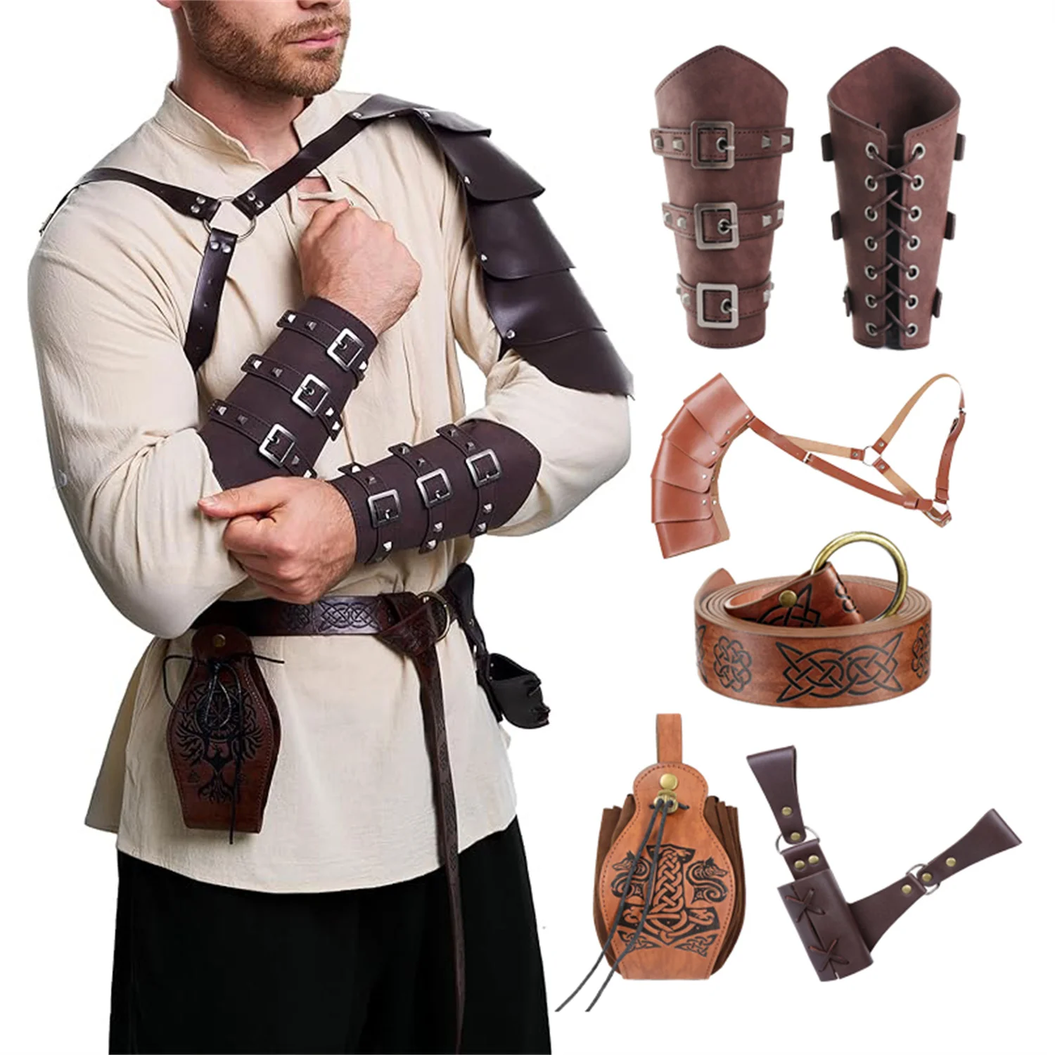 6 Pcs Men's Renaissance Costume Halloween Medieval Pirate Shirt Pant Viking Costume Accessories Set