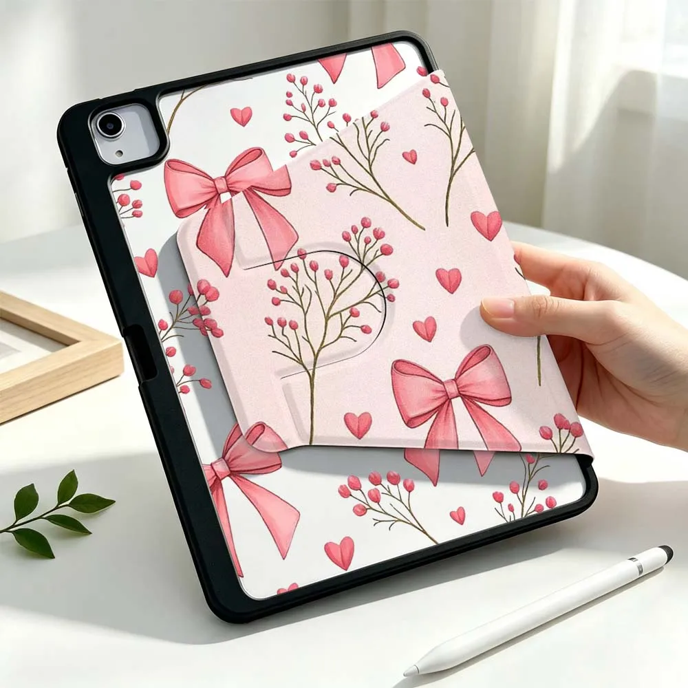 Design Bow Heart Flower Branch For Samsung Galaxy Tab S11 S10 S9 S8 A11 FE Plus Ultra 360° Rotation Stylus Storage Tablet Case
