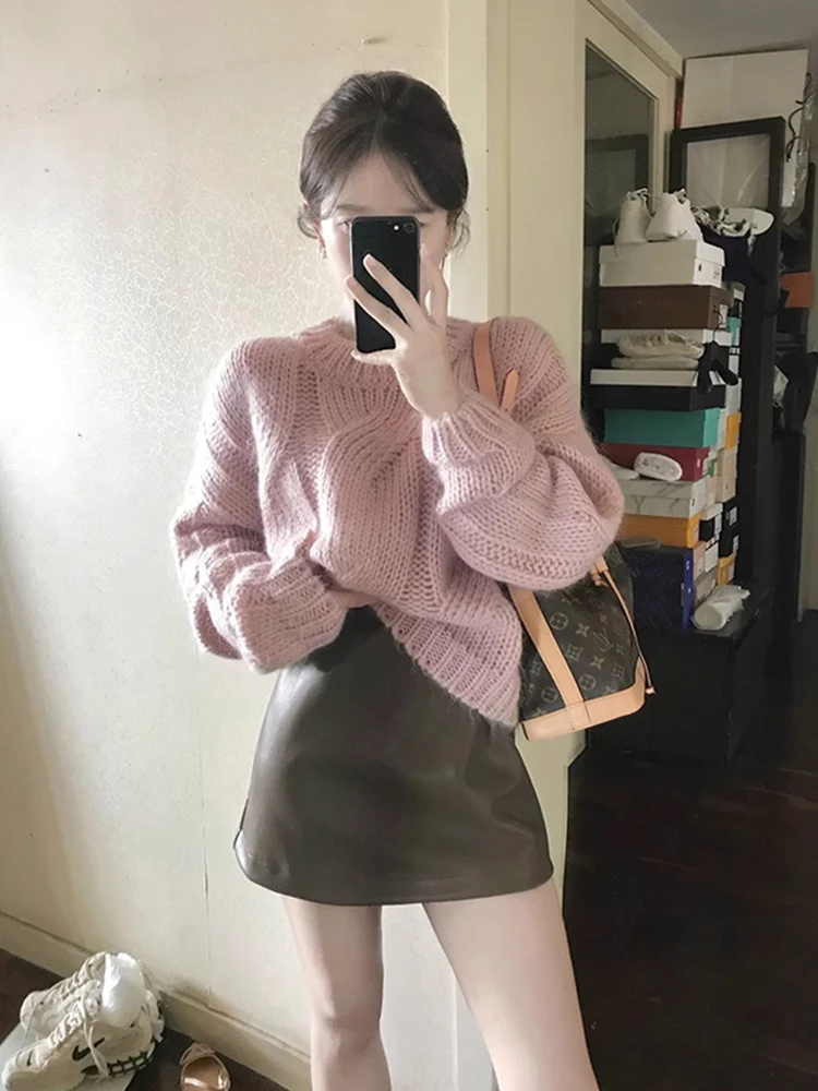 

Свободный женский вязаный свитер, круглый пуловер, мягкий розовый трикотаж, осенне-зимняя верхняя одежда, повседневный топ Sweet Sle