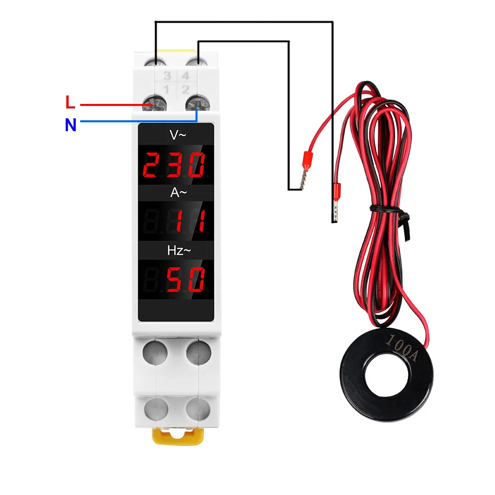 Amperímetro trifásico con pantalla Digital de carril Din LED, 1-100A, AC80-500V, voltios monofásicos, amperímetro de corriente de voltaje de 0-99Hz