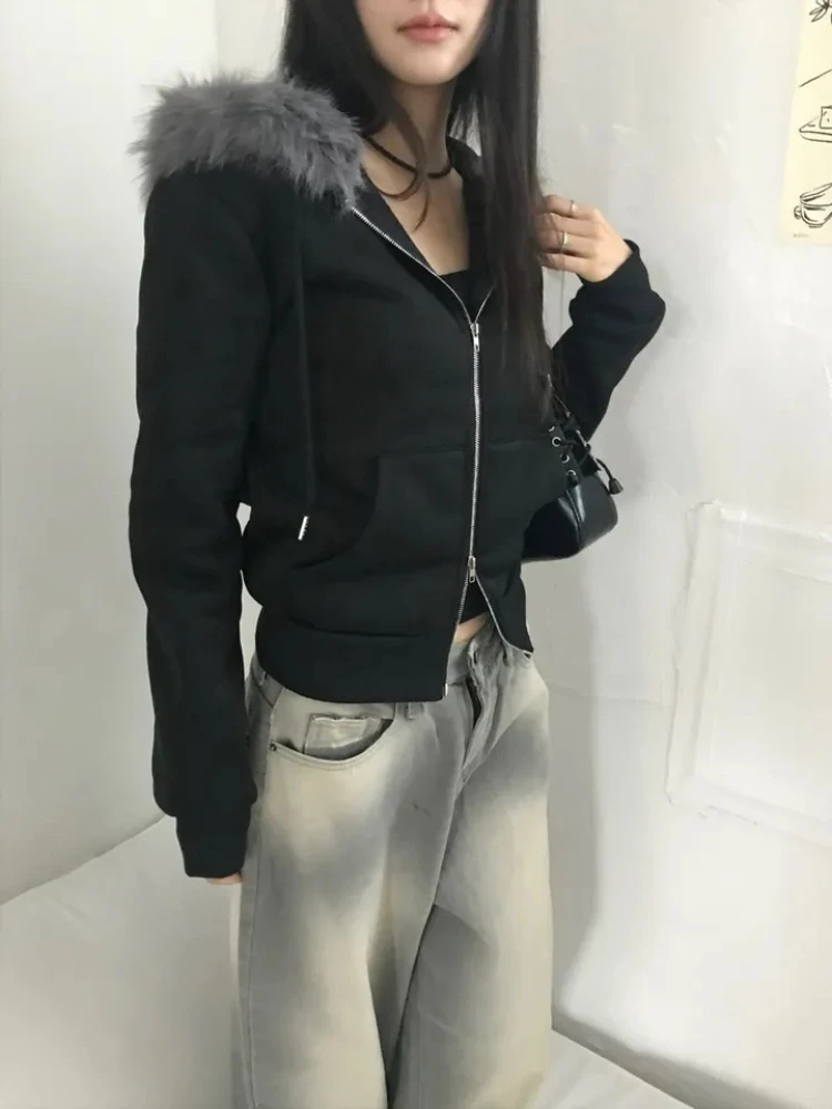 الأمريكية الرجعية مقنعين الفراء طوق البلوز سترة المرأة الخريف عادية فضفاض سستة التخسيس سترة القمم القوطية معاطف سوداء