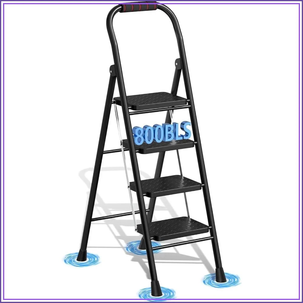 

4 Step Folding Step Stool, 800lb Capacity, Anti-Slip Pedal & Safe-Lock, Portable Handrail Ladder