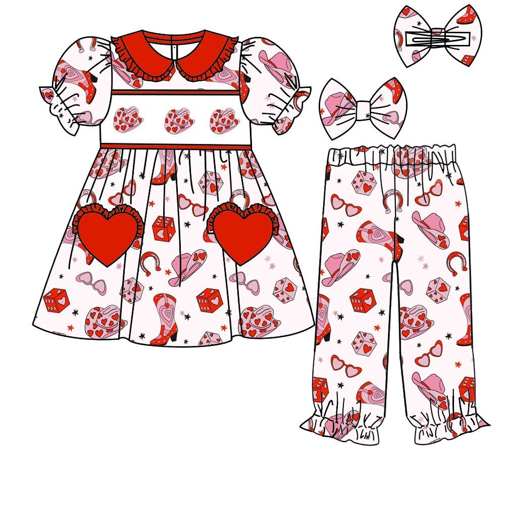 Valentine's Day Children's Boutique Set with Western Love Hat Printed Short-Sleeved Trousers Girl Set Shorts Bow Baby Nightgown