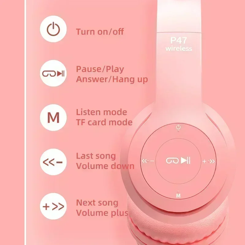 2025 P47M Wireless Game Headphone Flash Light Cute Cat Ears Gaming with Mic Control LED Stereo Music Phone Bluetooth Headset