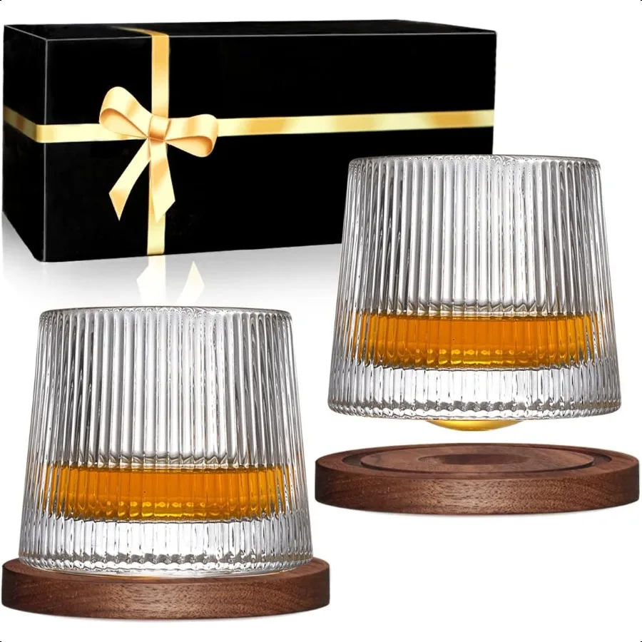 

Whiskey Glasses Set of 2 Rotatable Tumbler Crystal Glass Cups Drinking Glasses with 2Pcs Creative Walnut Coasters and Gift Box