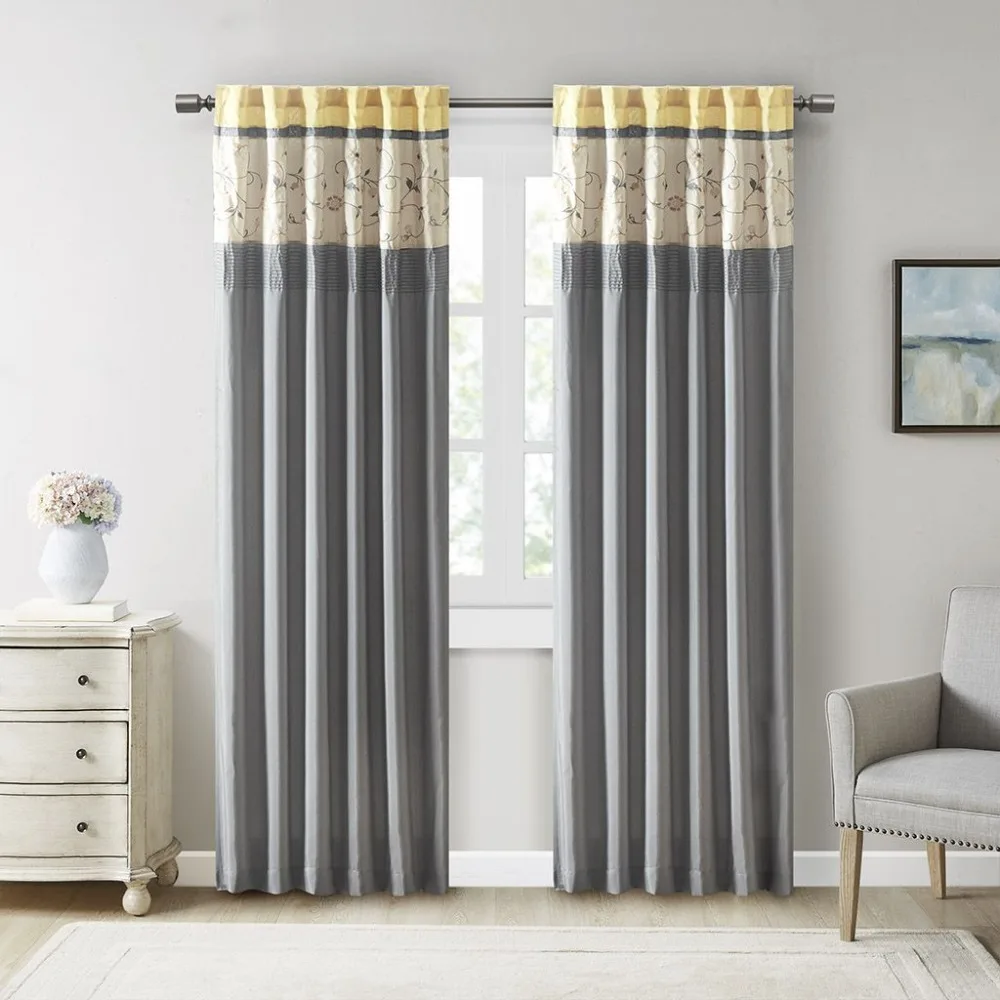 

Embroidered Curtain Panel,with Light Filtering Lining,Madison Park Serene Floral Embroidered Window Panel