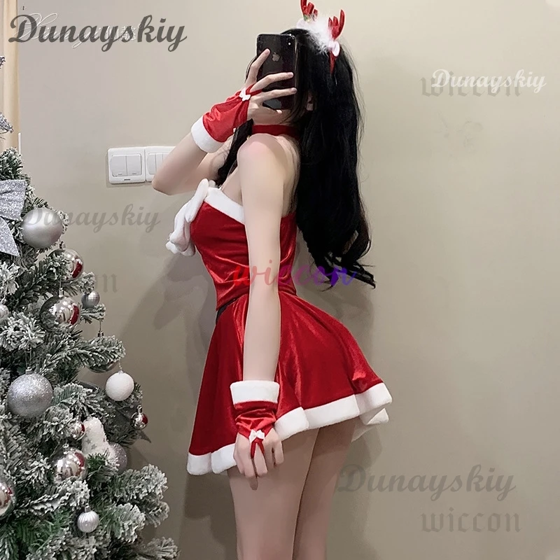 Costume de père Noël de Noël pour femmes, vêtements de sauna de flocon de neige, gants, robe sexy, uniforme chaud, tenues en peluche, olympiques de cosplay