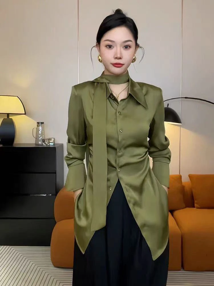 Fashion Folds Slim Female Blouse Korean Chic Long Sleeve Casual Women Shirts Y2K Harajuku Elegant Office Lady New All Match Tops