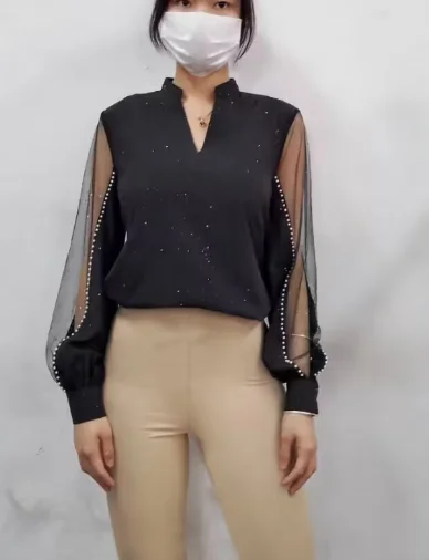 Elegant Blouse for Women 2024 Spring Long Sleeve V Neck Glitter Sheer Mesh Patchwork Slim Fit Solid Color Top Streetwear