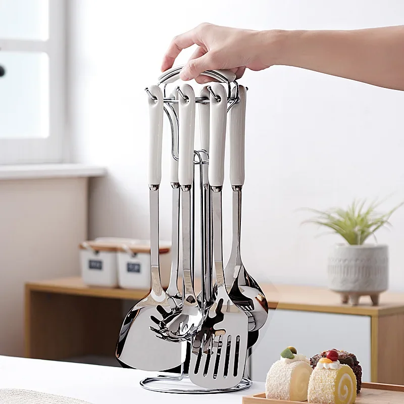 7Pcs Ceramic Handle Stainless Steel Cookware Set Soup Ladle Frying Spatula Colander Spoon Kitchen Accessories Cooking Tools