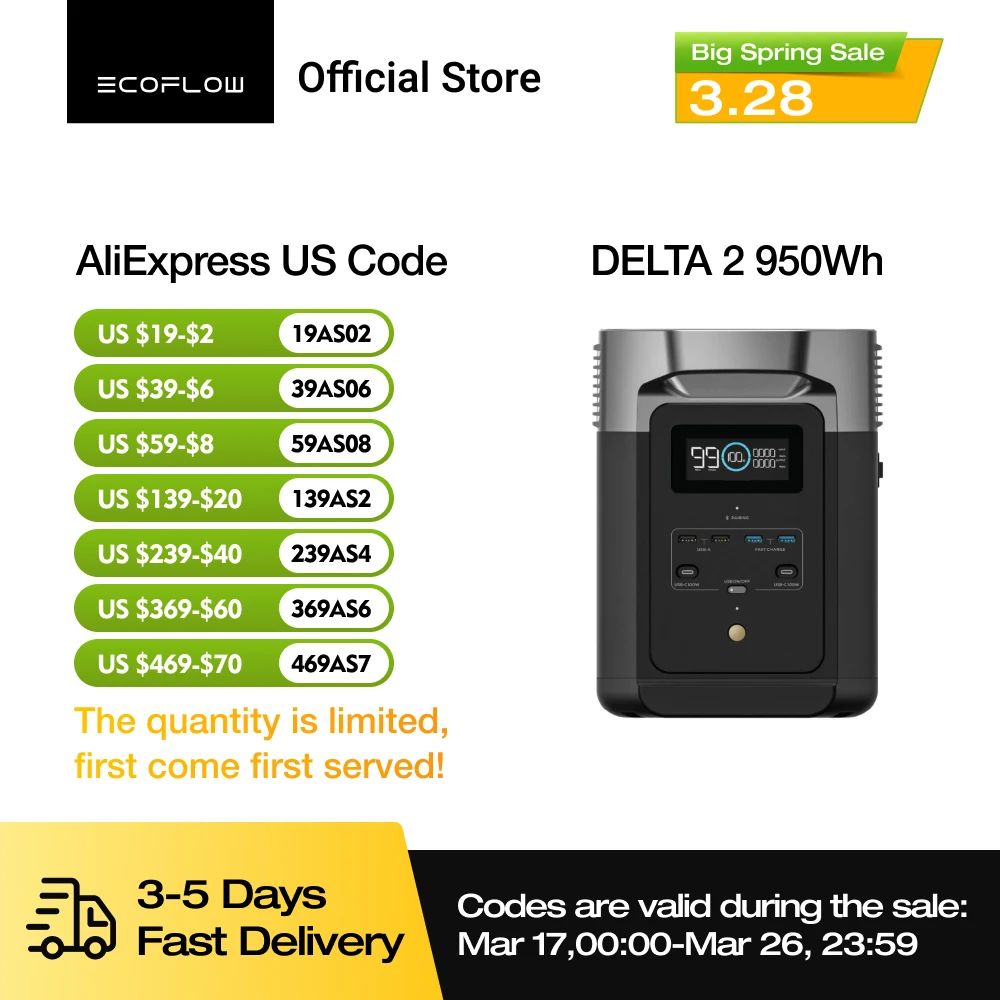 ECOFLOW Portable Power Station DELTA 2, 950Wh/1024Wh LiFePO4 (LFP) Battery, 1800W AC/100W USB-C Output, Solar Generator