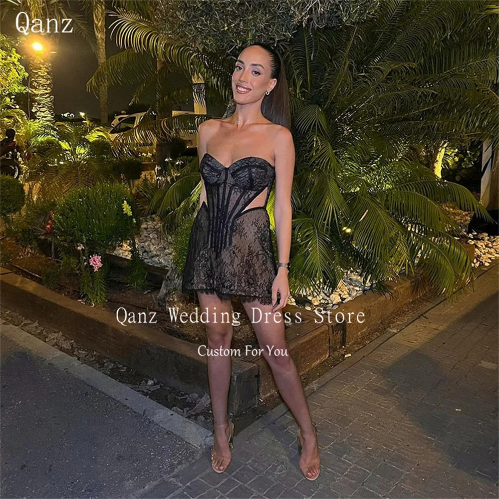 Qanz Long Sleeves Evening Dresses Sweetheart Lace Black Cocktail Dress Short Nude Lining Party Gown Prom Dresses Customized