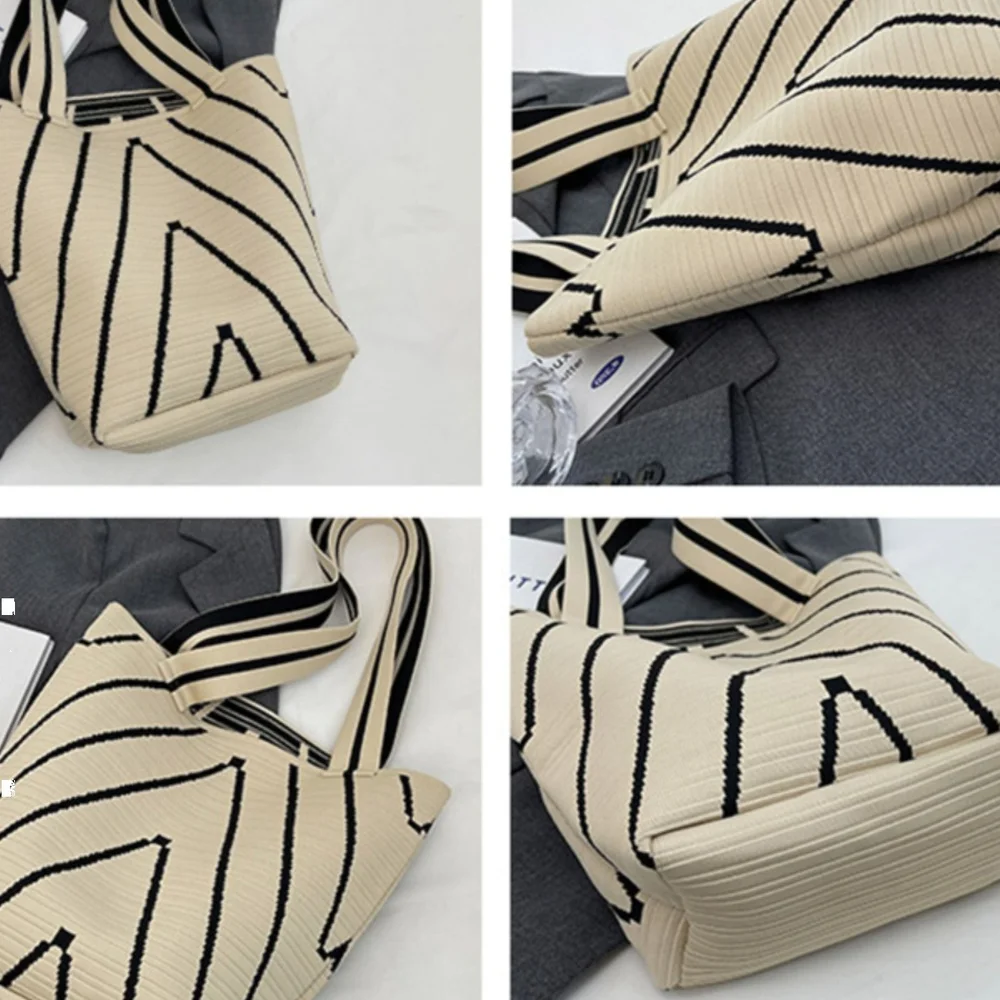 حقيبة كتف محبوكة بنمط موجة بتصميم متخصص صغير للتسوق في الشوارع، حقيبة ذات سعة كبيرة للتنقل، حقيبة دلو مائي