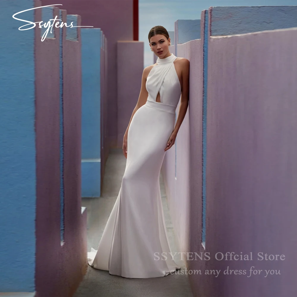 SSYTENS Ivory Silk Satin Wedding Dresses Women Sleeveless Halter Bridal Gowns Open Back Floor Long Customized Simple Bride Dress