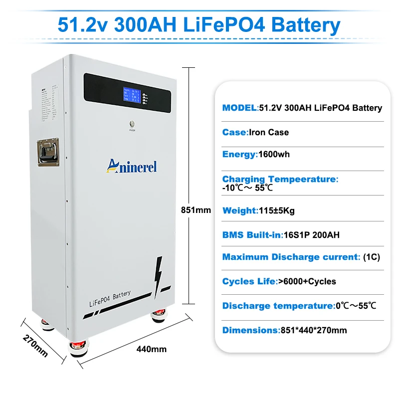 Aninerel 6200W 48V 220V Hybrid Solar Inverter Dual Output and 51.2V 314Ah 16Kwh LiFePO4 Battery Pack 6000+ Cycles Bluetooth BMS