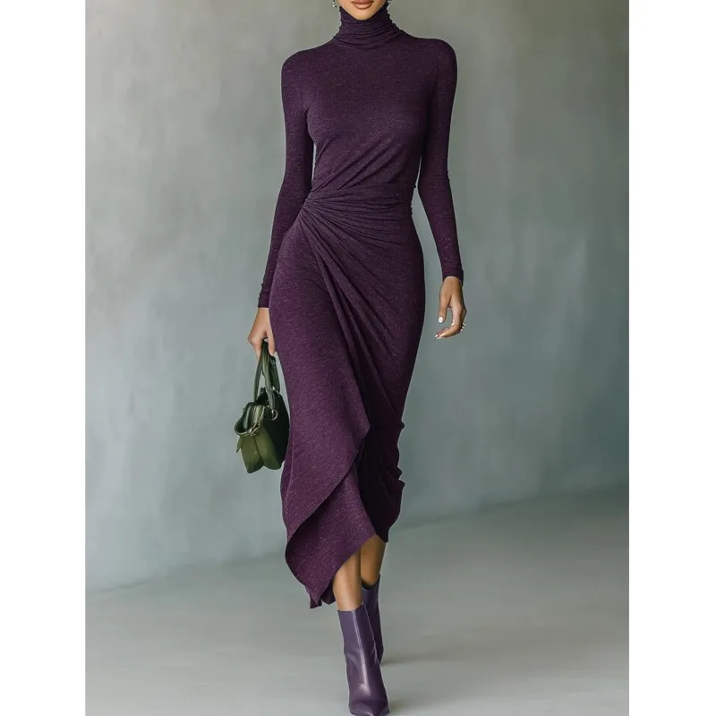 Retro Solid Women's High Waisted Dress Autumn Fashion High Neck Slim Dresses Foreign Style Irregular Hem Design Ladies Vestidos