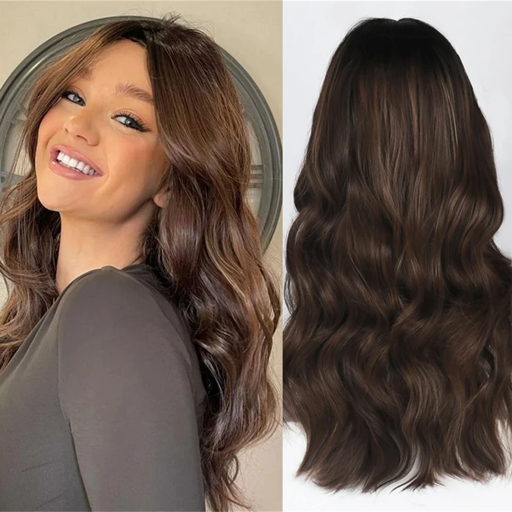 

Готовый к носке парик без клея, темно-коричневый, с мелированием, волнистый, 13x4, с кружевной передней частью, для женщин, из смеси натуральных и синтетических волос, брюнетский парик