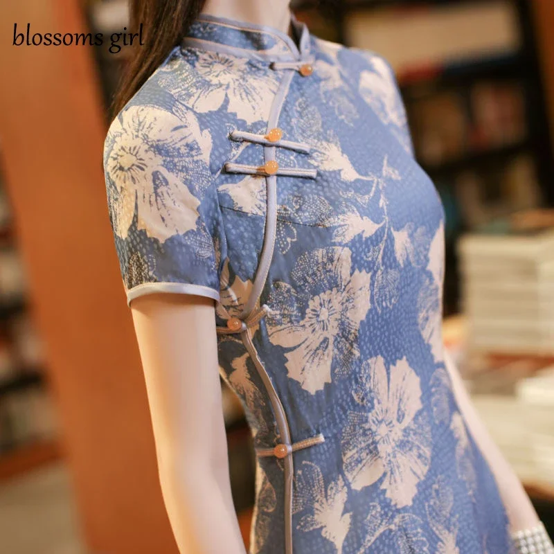 

Женское платье в китайском стиле Cheongsam, элегантное синее Ципао Cheongsam в стиле ретро, большие размеры 3XL, Vestido, китайская летняя одежда Qipao