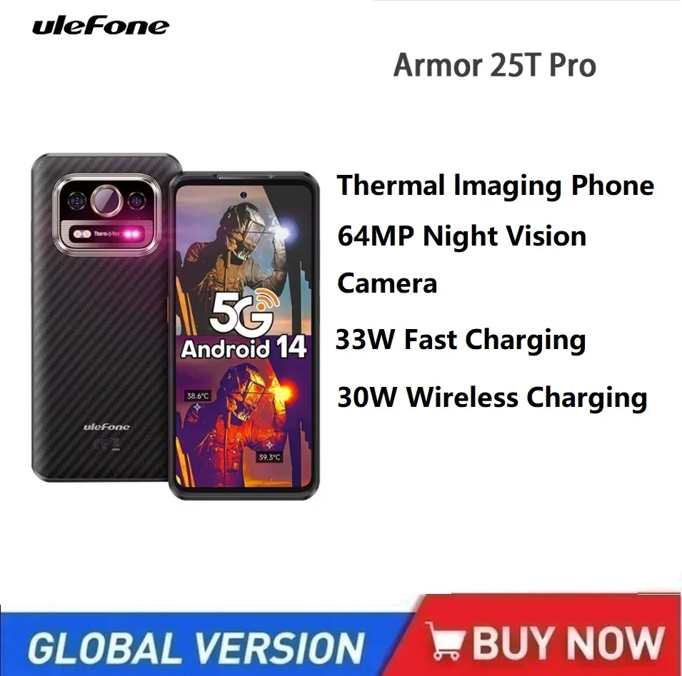 Ulefone Armor 25T Pro 5G Thermal Imaging Rugged Phone 33W 50MP+64MP Mobile Phone NFC Waterproof Smartphone Android 14 Cellphone