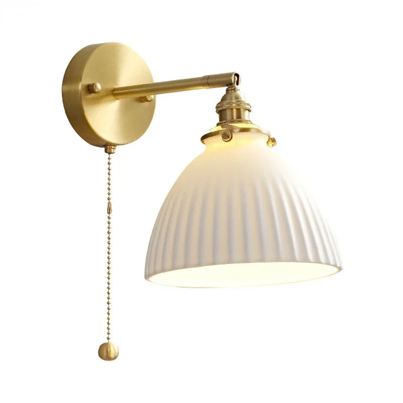 Nordic Ceramic LED Wall Light Fixtures Pull Chain Switch Copper Modern Beside Lamp Sconce Home Lighting